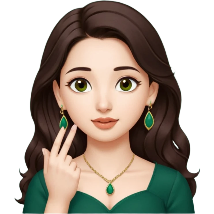 pretty bratz genmoji that, wearing a dark green sweetheart neckline top, dark brown hair, light makeup, no necklace, dangly earrings, SIDE hair part, fair. dark brown eyes, long hair
SHe should look like tamannaah bhatia - bollywood actress
Show her licking her finger  emoji