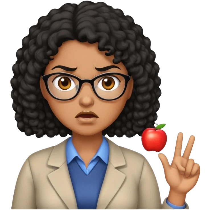 An angry female teacher with brown skin, black curly hair, and slightly chubby emoji