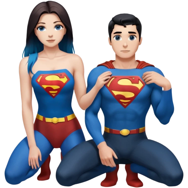 Art of woman's very gorgeous body scheme anatomy-bare shoulders and front-blue eyes-very long straight black to blue hair ombre-kneeling-front-leaning back-looking at male redish brownish haired man- in superman shirt  to her side emoji