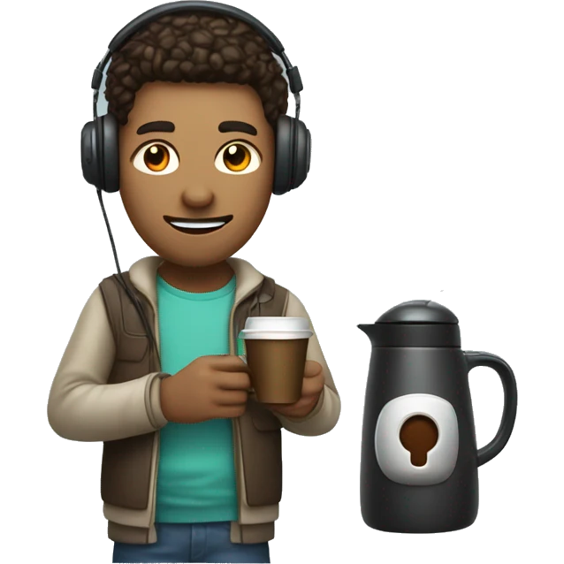 gamer with a headset holding a mouse in one hand and a coffee pot in the other emoji