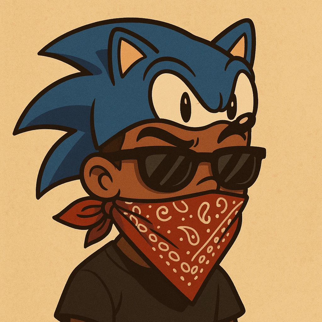 slick warm brown skinned boy with raised eyebrows, wearing a Sonic the Hedgehog hat, sunglasses, and a bandana over his mouth, cohesive illustration style emoji
