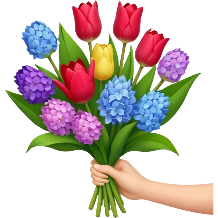 tulip, hyacinth and hydrangeas boquet in one hand held boquet emoji