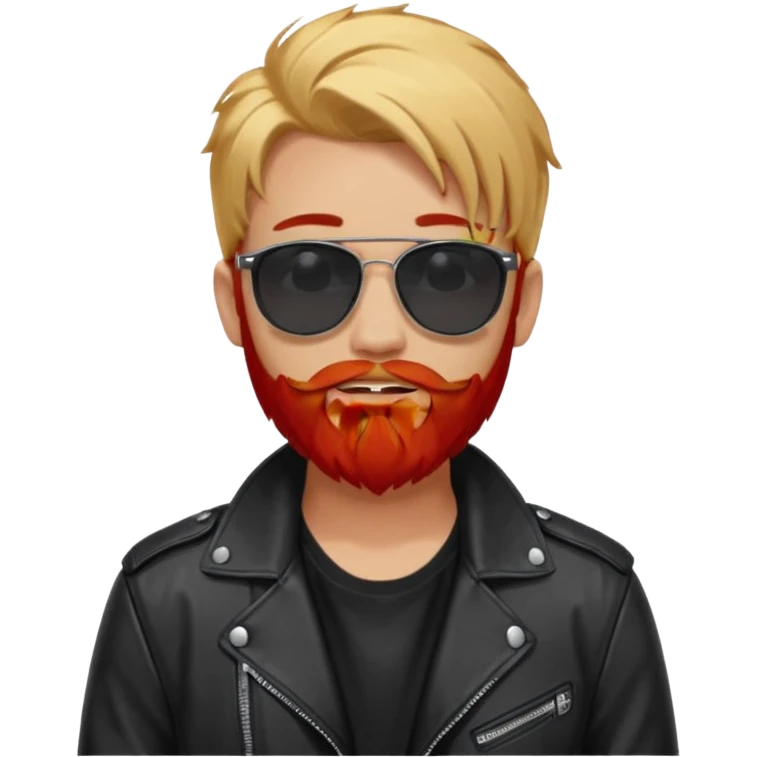 generate an ios genmoji of a 20 year old tan boy with black sunglasse Wearing a leather jacket. Has a dyed blonde beard and veryyyyy long red hair emoji