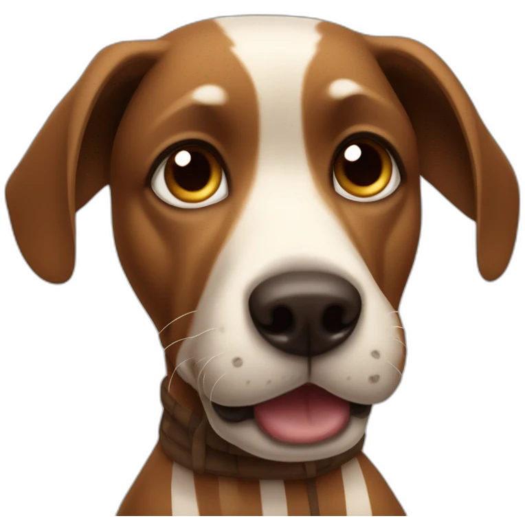 Dog with alert ears, black and brown striped coat, and a notable snaggletooth protruding from the left side of its mouth. emoji