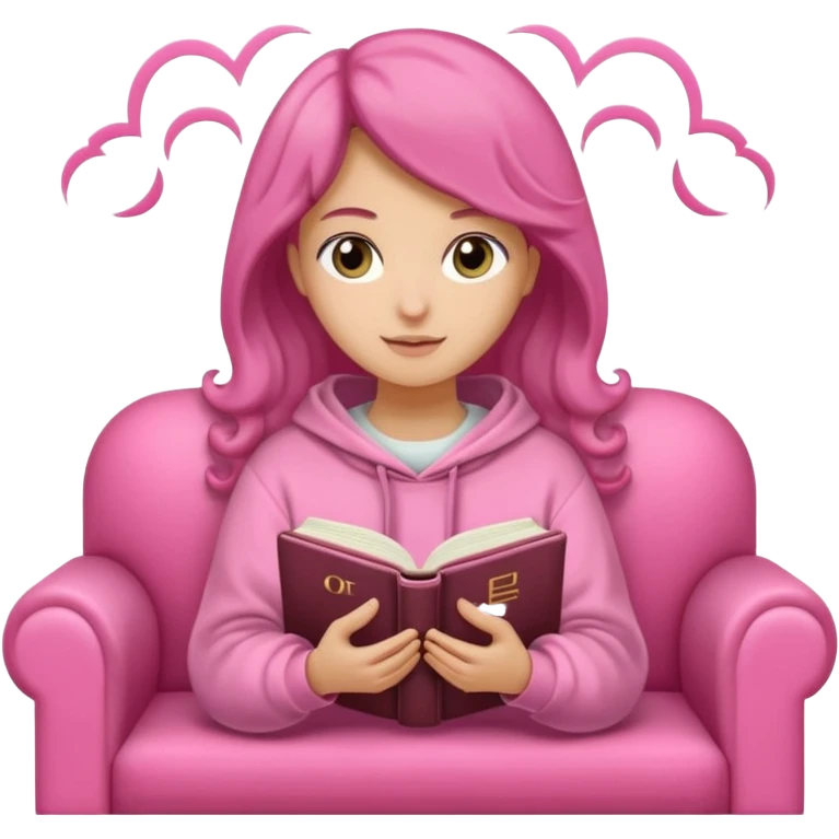 Una chica linda de cabello oscuro con ondas hasta los hombros de piel blanca con una sudadera rosa en un sofá cómodo y hermoso leyendo la biblia emoji