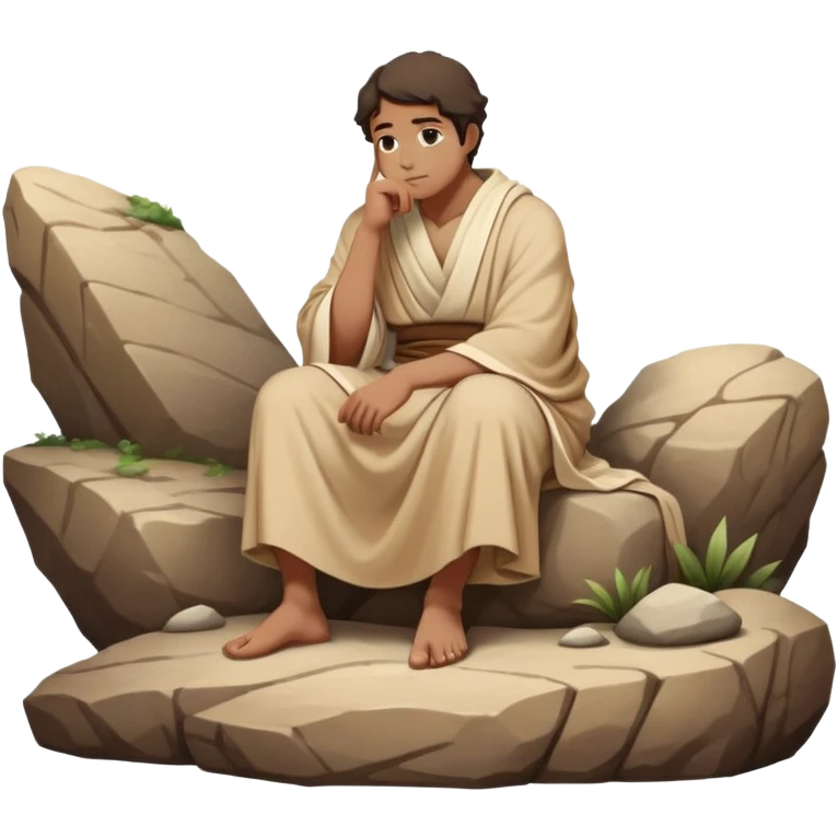philosopher sitting on a rock in deep contemplation, chin resting on hand, wearing traditional ancient Greek robe, beige and brown tones only emoji