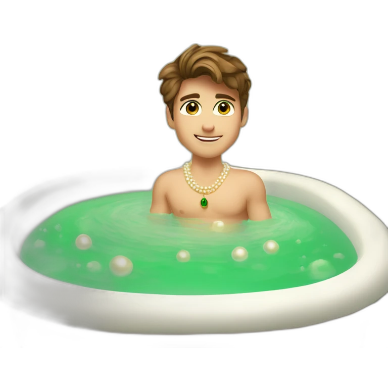 Posh-muscle-boy-brown-hair-green-eyes-pearl-necklace-in-golden-bathtub emoji