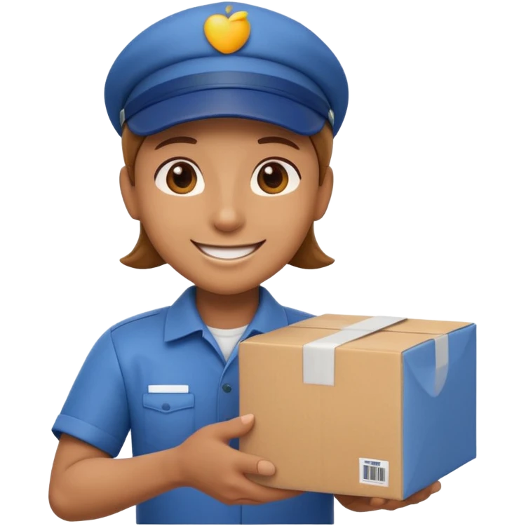 3D Apple-style emoji of a delivery worker holding a cardboard package. Wearing a cap and uniform shirt, smiling expression. Rounded, glossy, smooth, soft shadows, white background.




 emoji
