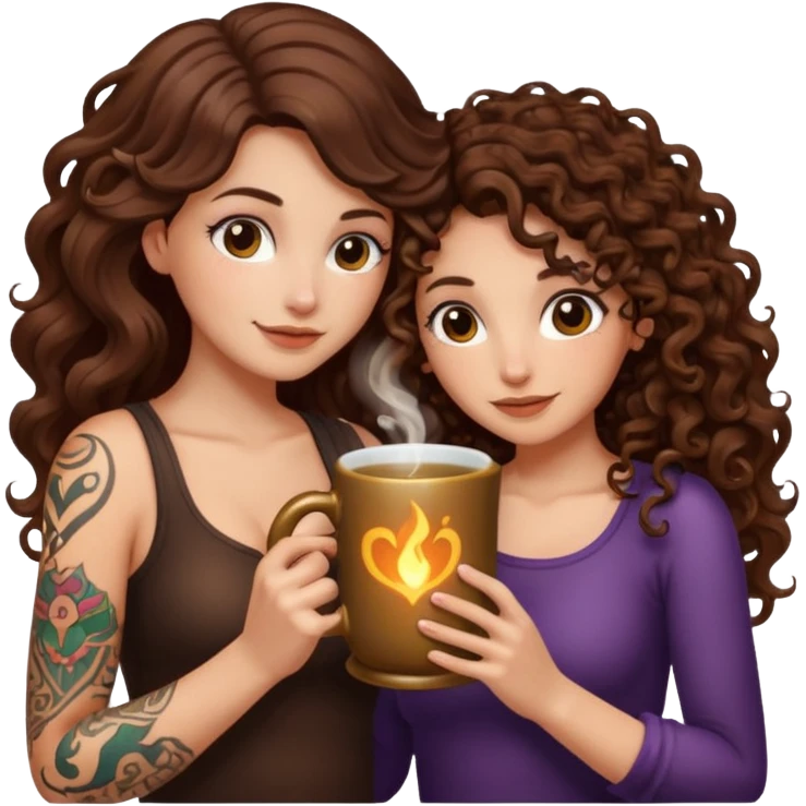 warm potion break — long wavy brown hair tattooed woman and short tight curly brown hair woman — hugging glowing mug emoji