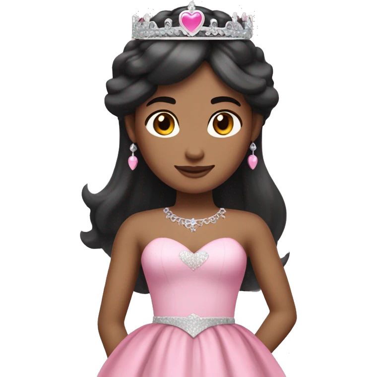 Princess with halo with white skin tone with long black hair with bang with silver pink heart tiara and pink dress emoji