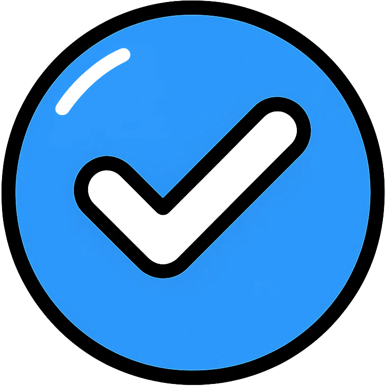 Glossy blue tick inside a circle, Instagram style, digital icon look emoji