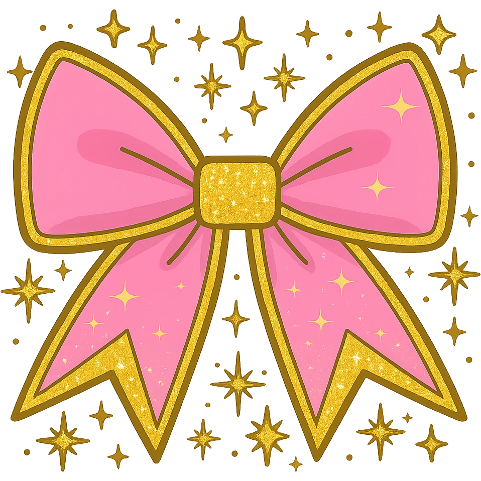 Add a shiny gold outline to the sparkly pink bow with extra glitter and stars, keep the background transparent. emoji