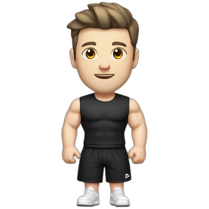 Pale skinned Fit Man With the biceps and dark brown hair in black shirt, gray sports shorts and white Sneakers emoji