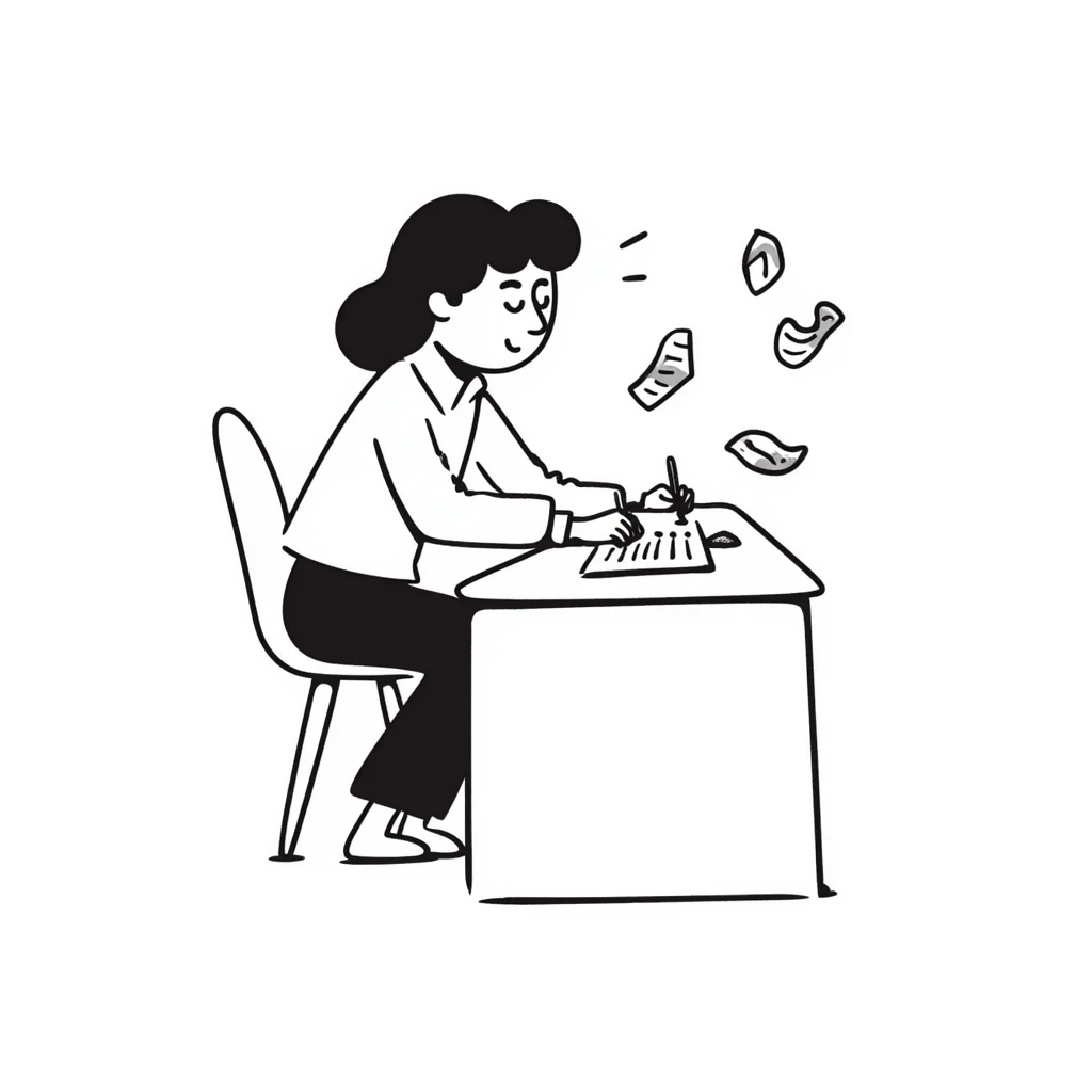 A student at a desk writing an essay that begins with "Dear God" in clear handwriting, surrounded by crumpled paper drafts emoji