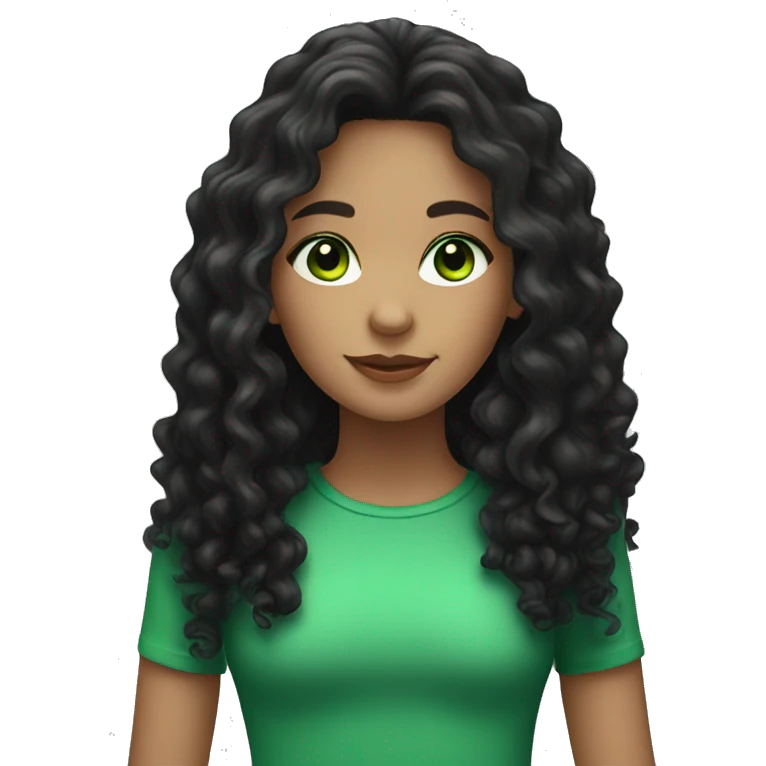 girl with black very long curly hair, light skin and green eyes emoji