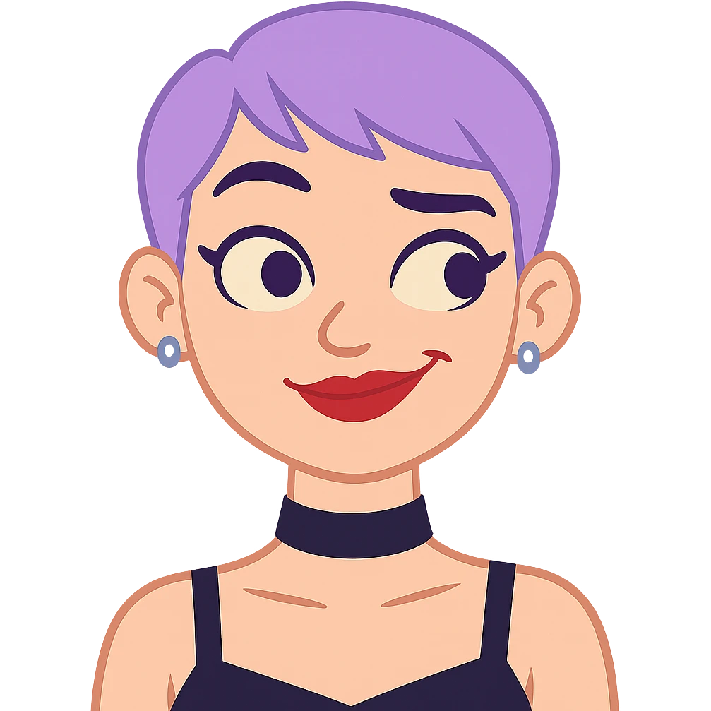Make her raise her eyebrows and smirk, keeping the same style, pastel purple pixie hair, black choker, red lipstick, lip ring, and fashionista vibe. Transparent background. emoji