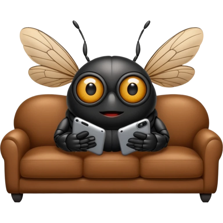 Black Cicada cartoon style with black shiny round eyes watching on a phone sit on a brown sofa  emoji
