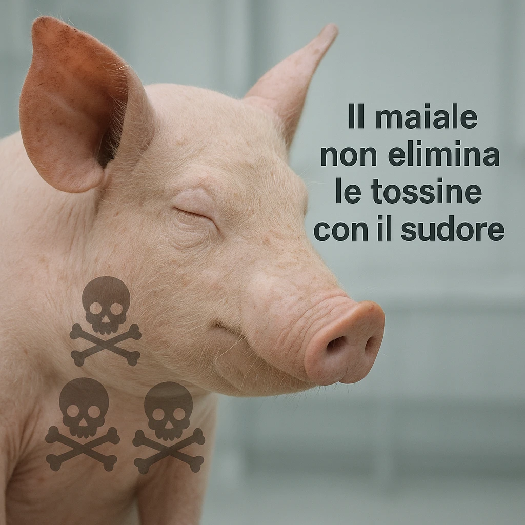 close-up of a pig with dry skin and closed pores, toxin symbols visible inside the body, clinical atmosphere, Italian text: 'Il maiale non elimina le tossine con il sudore', 4K quality emoji