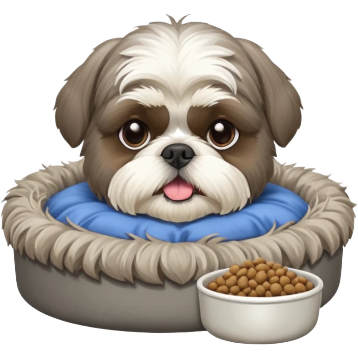 old ALL grey shih tzu in dog bed tongue hanging out with a bowl of food emoji