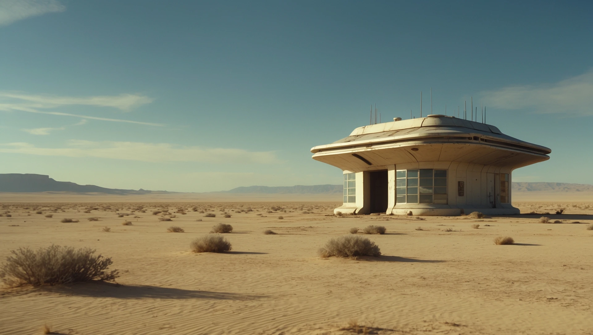 Cinematic still from 1990s Retro Space movie, film called Retro Futurism, Establishing scane showing desert with single small abandon futuristic bulding, big landscape in background showing loneliness emoji
