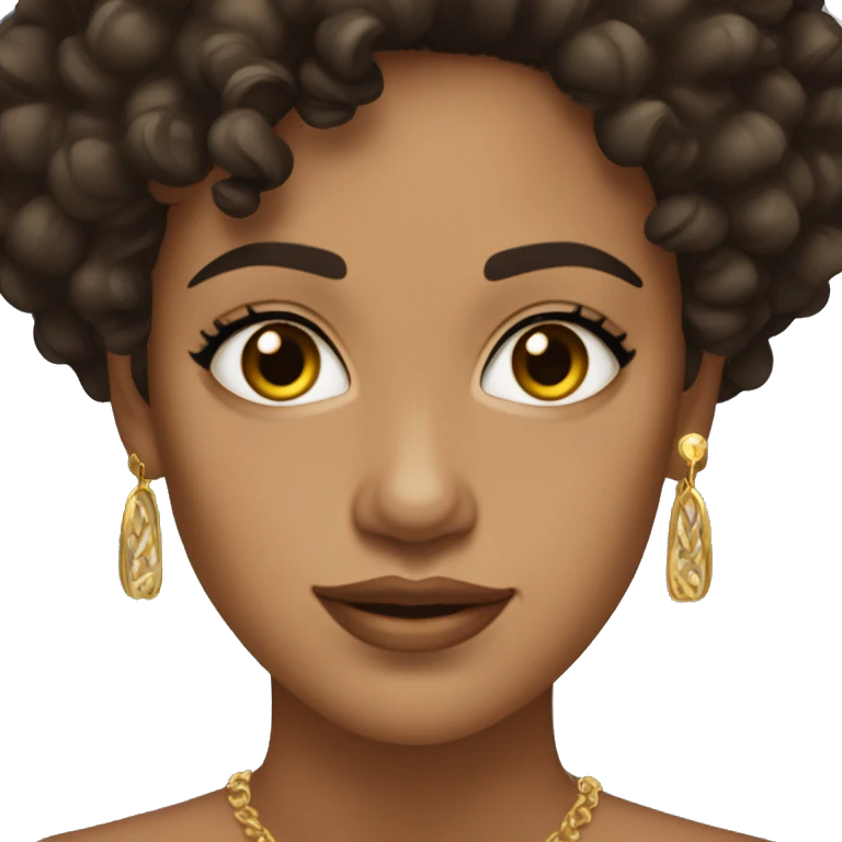 woman with short curly dark hair, skin tan, brown eyes, gold different earings, three earings in the right ear emoji