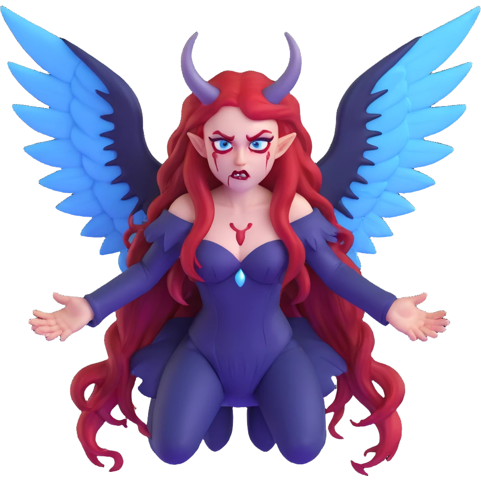 extremely diabolical demon girl with enormous high reaching wings, blood red hair, sinister glowing blue eyes, dark hellish aura, no horns, fangs emoji