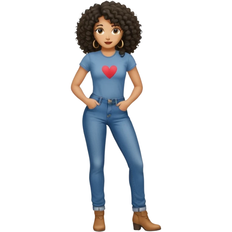 A black woman with curly hair with a penis print showing in jeans emoji