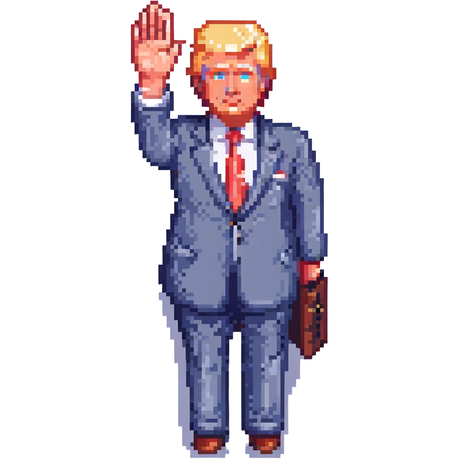 pixel art of Donald Trump, waving hand emoji