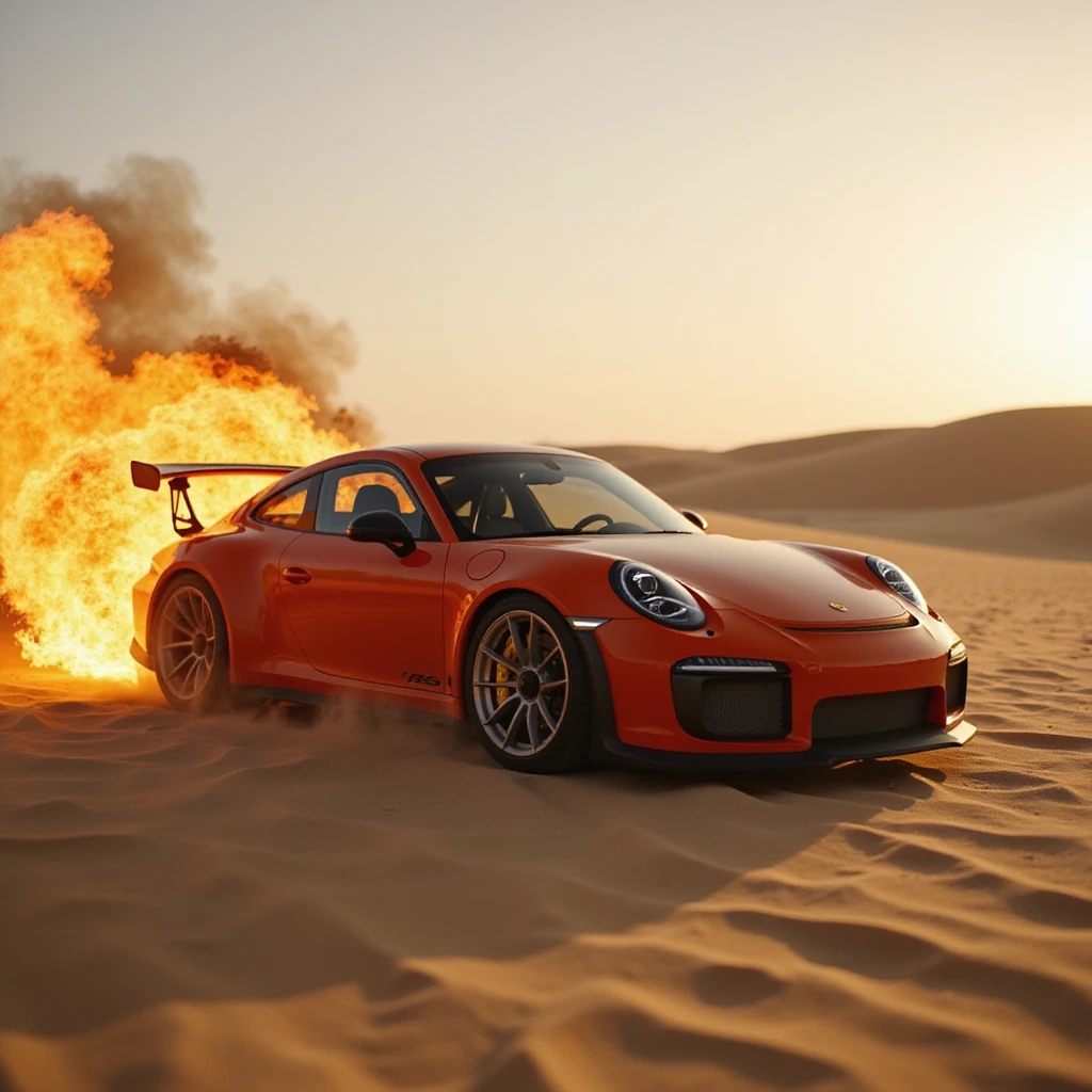 Cinematic shot, Porsche 911 gt3 rs in fire, desert, sunny day, dubai in background emoji