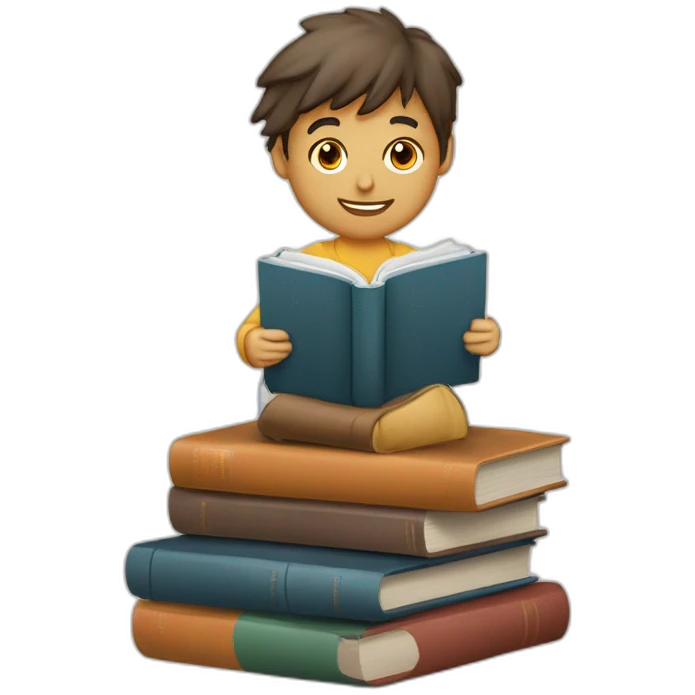 imagen estilizada de un estudiante junto a todos sus libros que son muchos sus libros y una mascota emoji