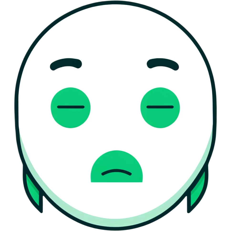 Minimalist Maya-style sad face emoji with no reply message, only white and deep green colors, flat design, clean lines emoji