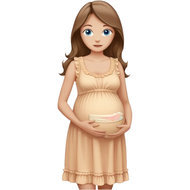 Beautiful Woman with Blue eyes, and long flowing almond brown hair and a light peachy tan skin tone, standing in a relaxed pose holding her baby bump with a visible baby bump in frilly buttercream colored babydoll sundress  emoji