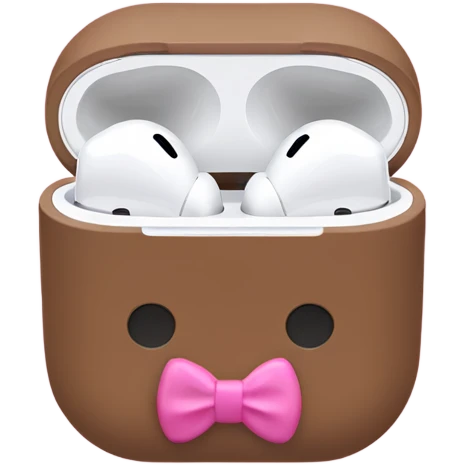 AirPods with a brown case and a pink bow emoji