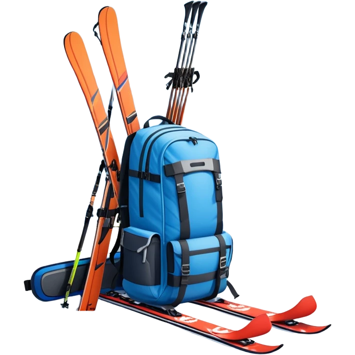 An icon showing a close-up of a biathlon backpack, a pair of skis, and a biathlon rifle resting against snow. In the background, a beautiful winter landscape with snowy trees and mountains under a clear sky. Transparent background reflects the sport’s precision and rugged endurance. emoji