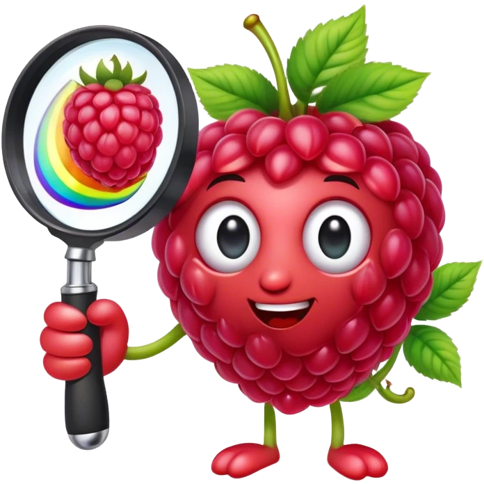 a raspberry holds a rainbow colored magnifier with its budding from handle of magnifier emoji