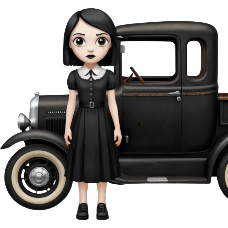 zombie gothic Wednesday Addams.creepy, 1929 ford pickup, hot rod.  emoji