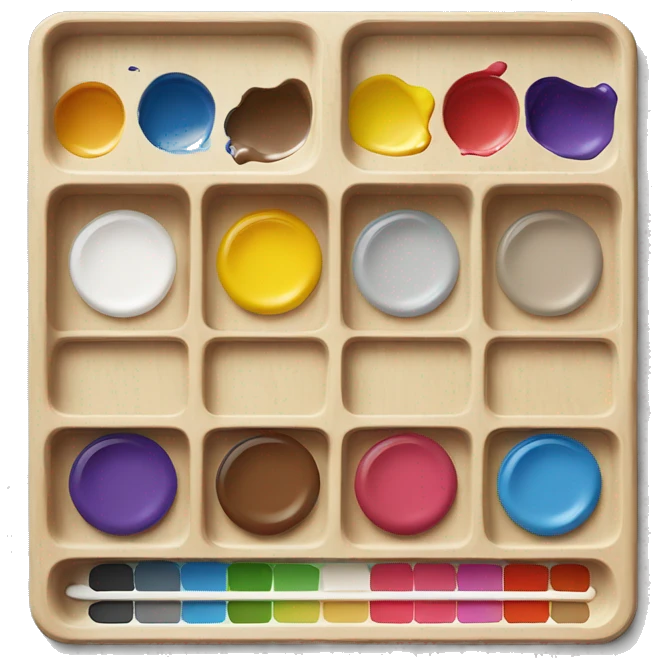 wooden painting palette, paint mixing tray with applied paint colors emoji