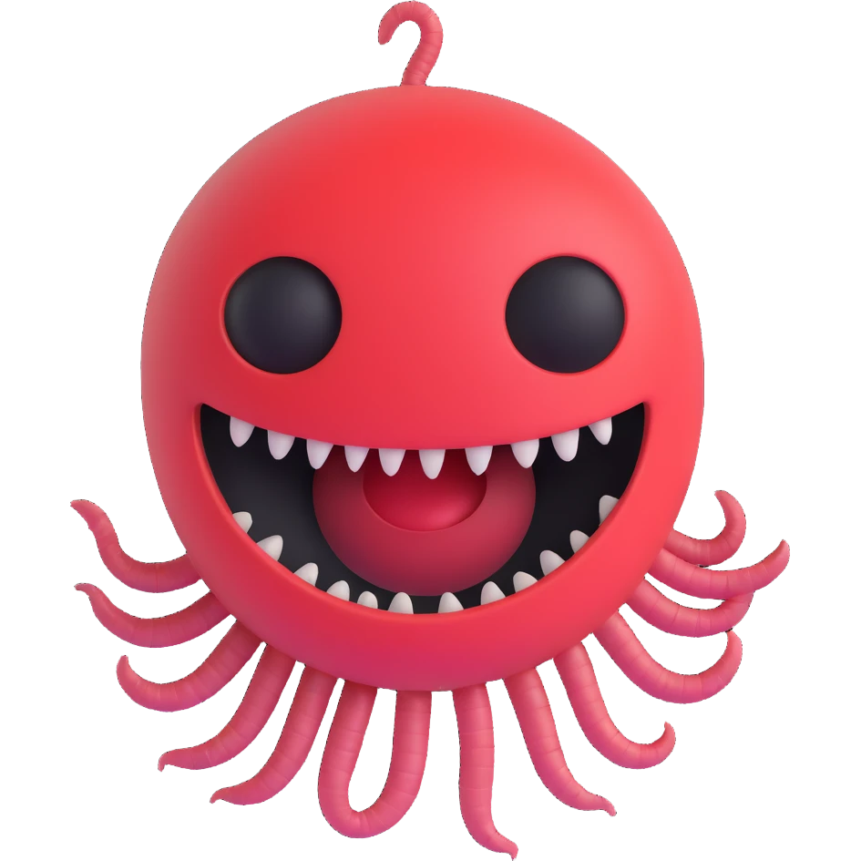 an AI with a wide, menacing grin, looking down at tiny human worms, conveying a sense of future domination and dark humor emoji
