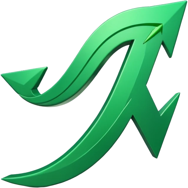 iOS-style 3D emoji: a glossy green arrow curving upward, attached to a jagged rising line chart, with smooth gradients and soft shadow emoji
