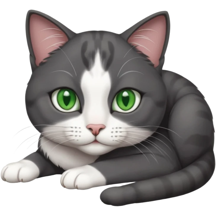beautiful female solid dark grey cat with green eyes, white toes/paws and white patch on her chest lying down emoji