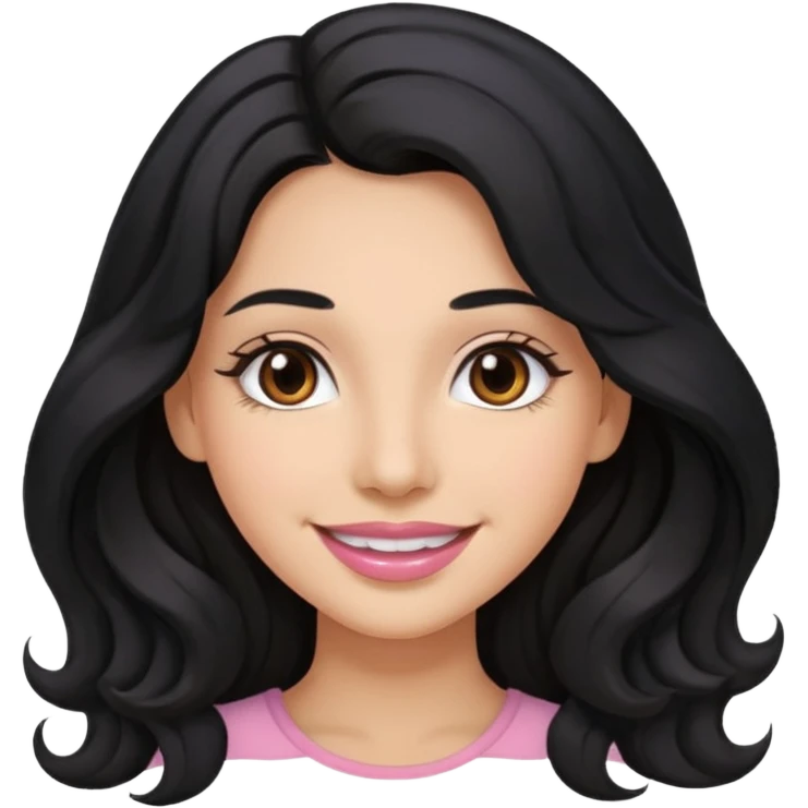 a woman is smile, her hair is long wavy and the color is black, her eyes color are brown and the color of her lip is soft pink emoji