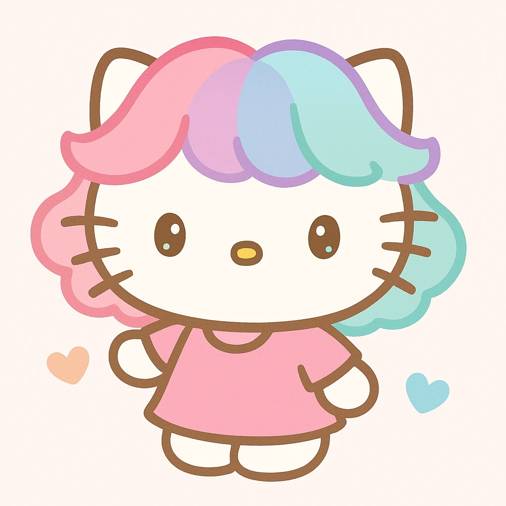 Hello Kitty style white cat wearing a pink or colorful wig, cute and playful, simple background emoji
