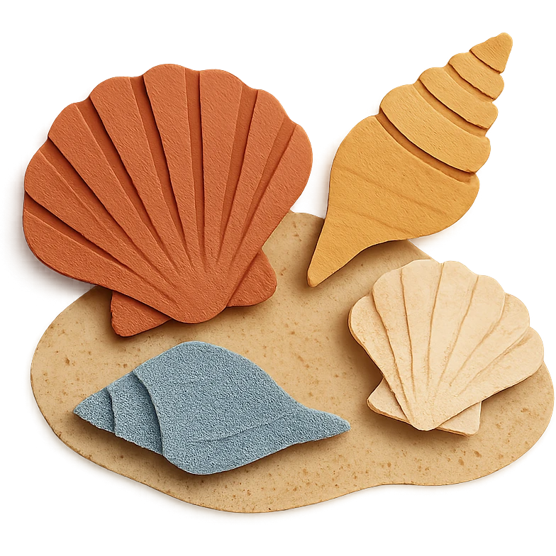 collection of different sea shells, arranged on a sandy background emoji