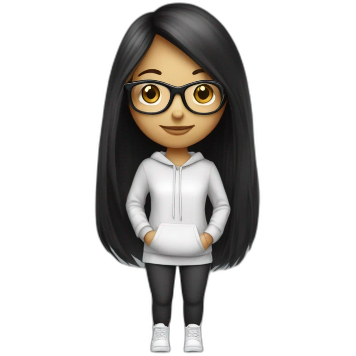 une fille avec de long cheveux noir lisse, la peau blanche ,et avec des lunette (en forme de carrer un peu déformé) assez grosse comparer a ça tête , portant un pull noir emoji