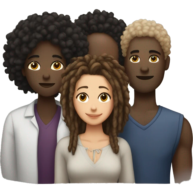 A throuple with one tall large light skinned back man with dreadlocks, a dark skinned large woman with short afro hair, and a dark skinned nonbinary with short locks, embracing each other  emoji