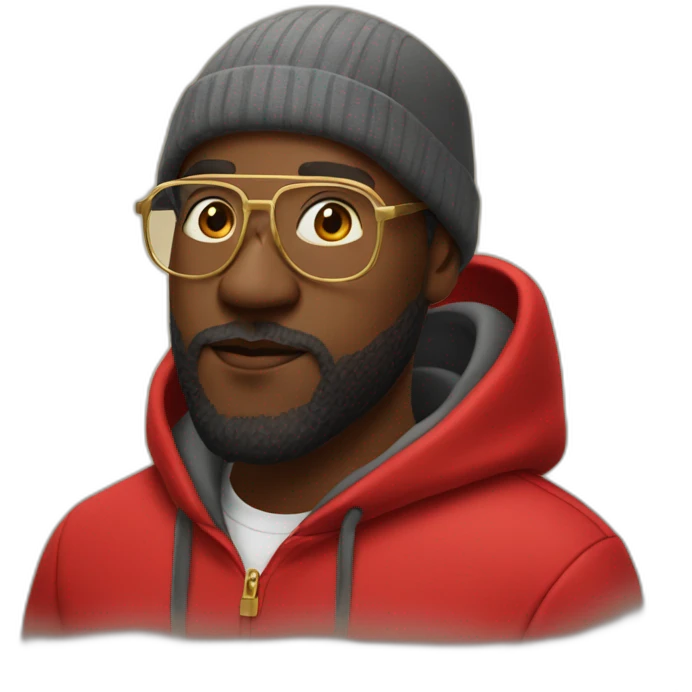 black man with beard, red hoodie on head, and gold framed glasses emoji