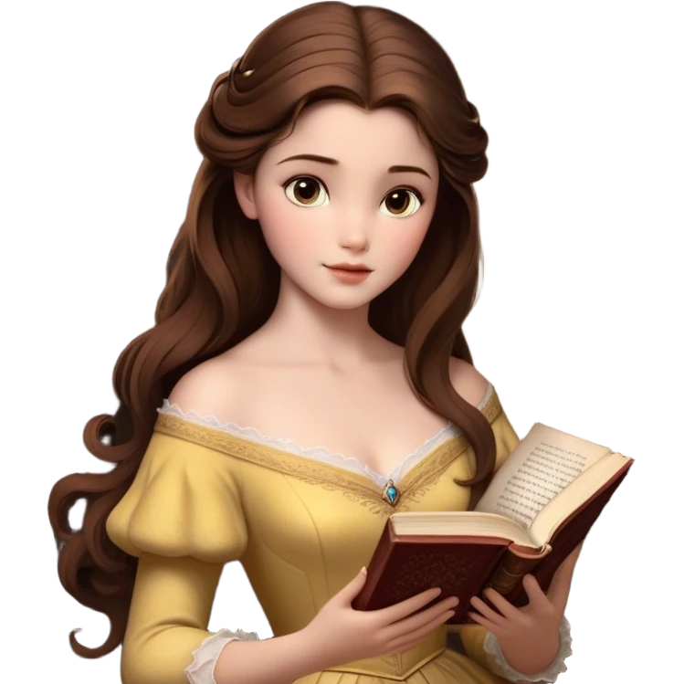Cinematic Realistic Belle Portrait, depicted with lifelike skin texture, soft natural lighting, and intricately detailed brown hair styled elegantly. Her deep, expressive eyes exude warmth and intelligence, complemented by a serene and graceful expression. She gently holds a book in one hand, her other hand resting at her side, radiating an aura of beauty and intellect. She is dressed in her classic yellow ball gown, the fabric rich in texture with delicate folds that catch the light beautifully. The portrait features a soft, enchanting glow with a natural, radiant finish, capturing the essence of timeless beauty in a realistic and painterly style, evoking a sense of depth and authenticity. emoji