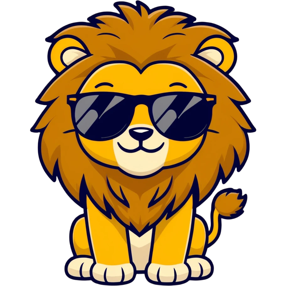 whimsical lion emoji with full mane in golden brown shades, wearing fashionable sunglasses with mirror-like lenses, expressive playful face, big smile, minimal clean background emoji