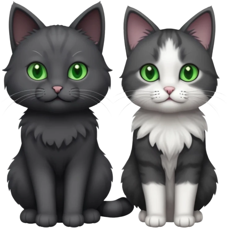 one dark grey and white cat and one completely solid dark grey cat with green eyes and only white paws emoji