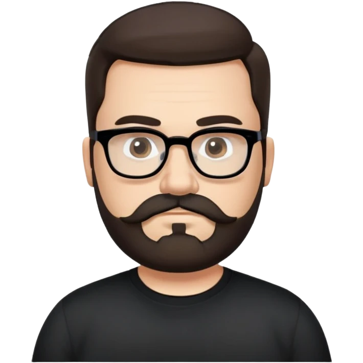 Caucasian male, chubby, longer hair straight dark brown hair combed back, thick dark eyebrows, rectangular black eyeglasses, full beard and mustache neatly groomed, neutral facial expression, wearing a black crew neck shirt. emoji